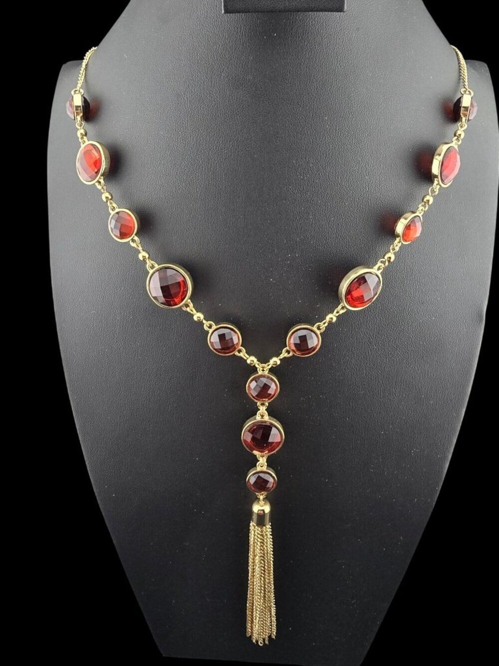 Banana Republic Faceted Red Stone "Y" Tassel Gold-Tone Tassel Bold Statement - Picture 2 of 9